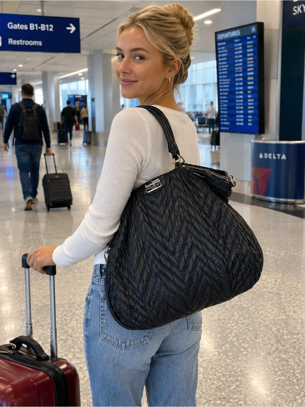 70th Anniversary | Coach Madison Quilted Chevron Nylon Large Lindsey Black